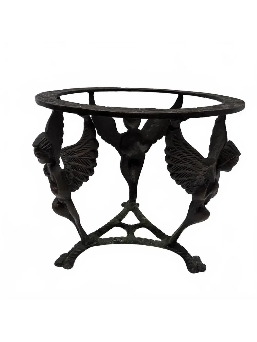 Vintage Brass or Bronze Angel Bowl Stand Verdigris Tripod Pedestal